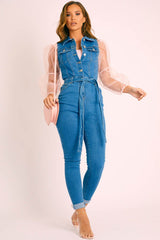 Blue Denim Button Front Sleeveless Jumpsuit - Faven-Jumpsuits