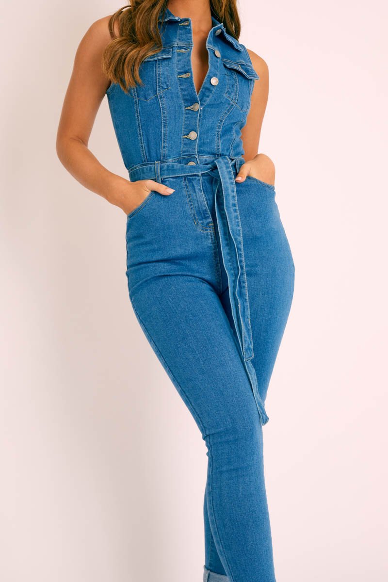 Blue Denim Button Front Sleeveless Jumpsuit - Faven-Jumpsuits