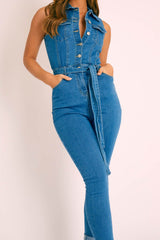 Blue Denim Button Front Sleeveless Jumpsuit - Faven-Jumpsuits