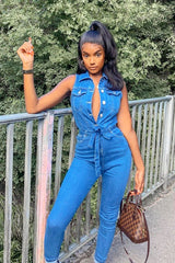 Blue Denim Button Front Sleeveless Jumpsuit - Faven-Jumpsuits