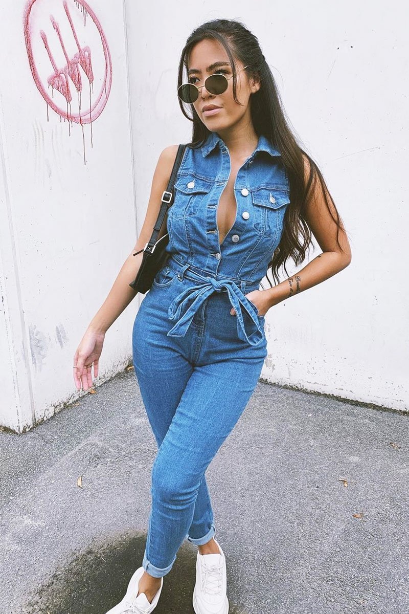 Blue Denim Button Front Sleeveless Jumpsuit - Faven-Jumpsuits