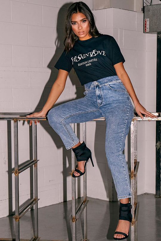 Blue Denim Covered Waistband Mom Jeans - Tahlia