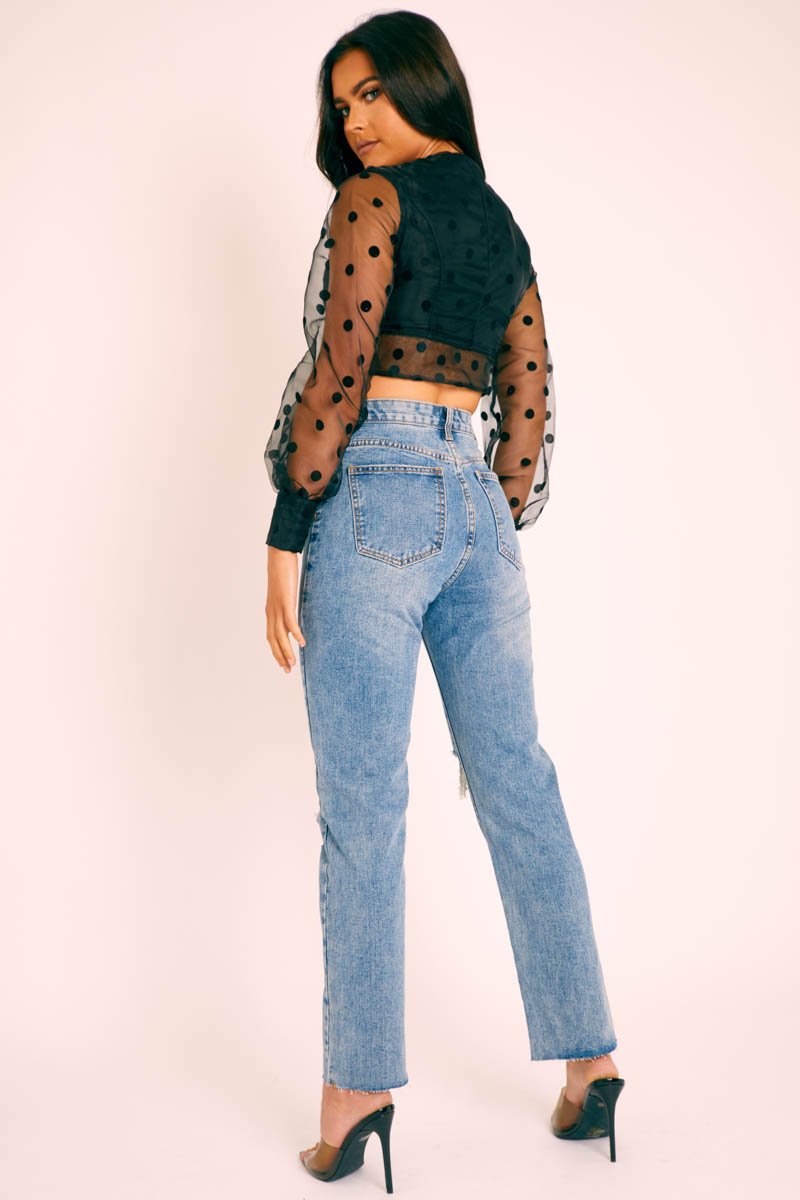 Blue Denim Destroyed Straight Leg Jeans - Gena-Jeans