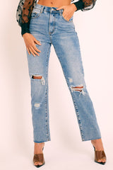 Blue Denim Destroyed Straight Leg Jeans - Gena-Jeans