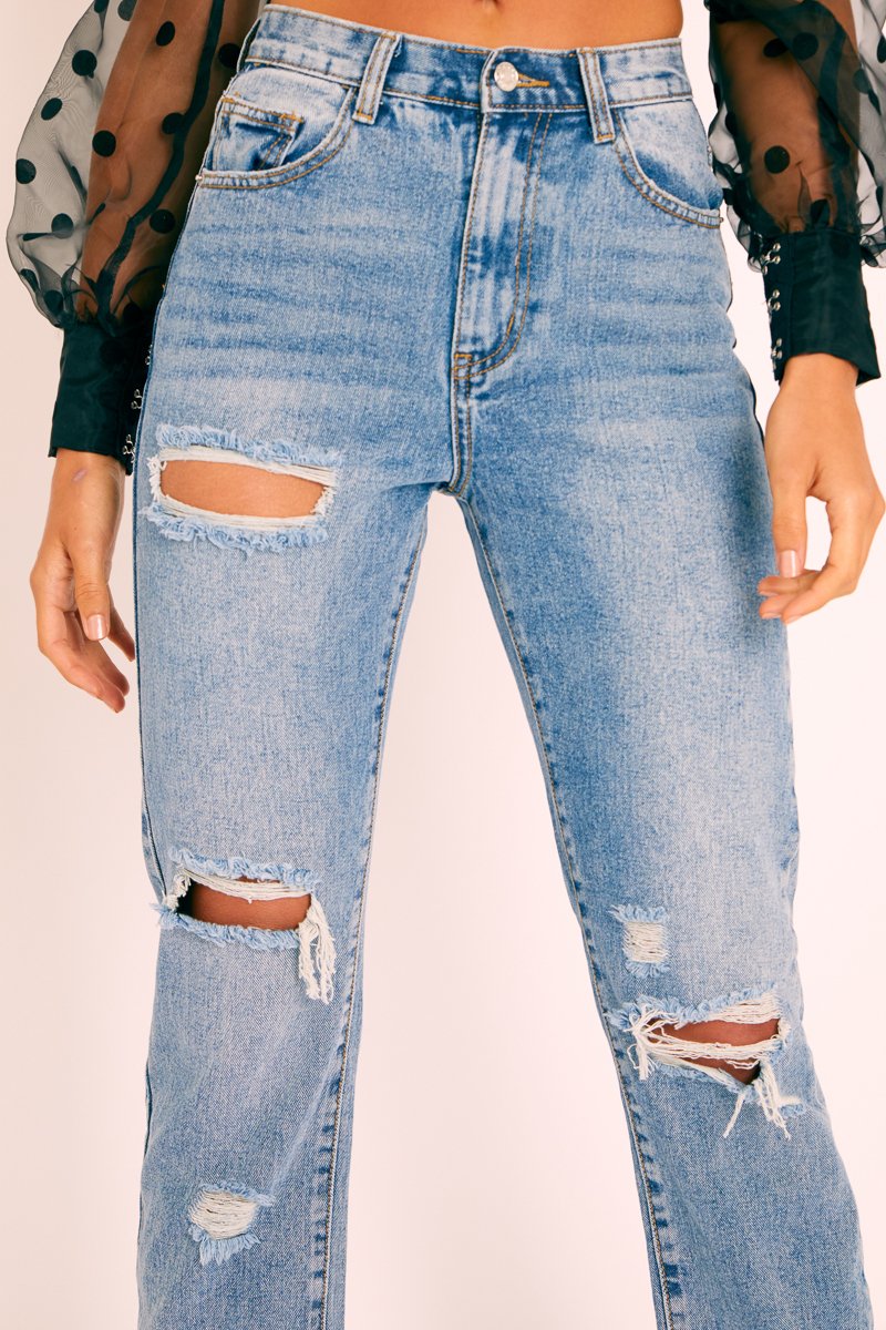 Blue Denim Destroyed Straight Leg Jeans - Gena-Jeans