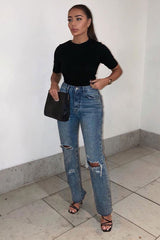 Blue Denim Destroyed Straight Leg Jeans - Gena-Jeans