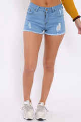 Blue Denim Distressed High Waist Shorts -Frieda-Shorts