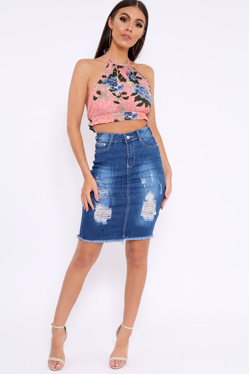 Blue Denim Distressed Pencil Skirt - Adely-Skirts