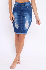Blue Denim Distressed Pencil Skirt - Adely-Skirts