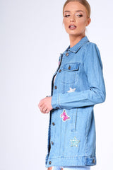 Blue Denim Embroidered Oversized Jacket - Helena-Denim Jackets