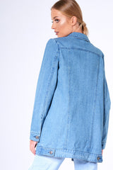 Blue Denim Embroidered Oversized Jacket - Helena-Denim Jackets