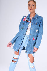 Blue Denim Embroidered Oversized Jacket - Helena-Denim Jackets