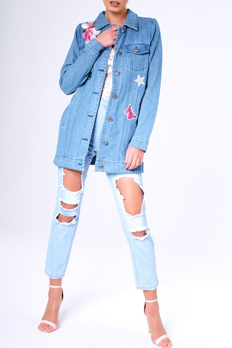 Blue Denim Embroidered Oversized Jacket - Helena-Denim Jackets