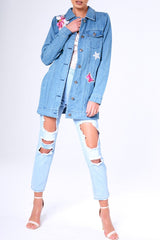 Blue Denim Embroidered Oversized Jacket - Helena-Denim Jackets