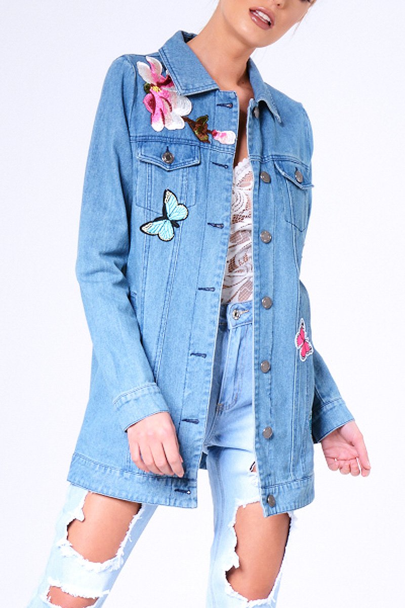 Blue Denim Embroidered Oversized Jacket - Helena-Denim Jackets