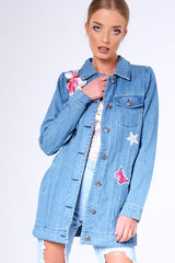 Blue Denim Embroidered Oversized Jacket - Helena-Denim Jackets