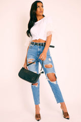 Blue Denim Extreme Distressed Mom Jeans - Jacia-Jeans