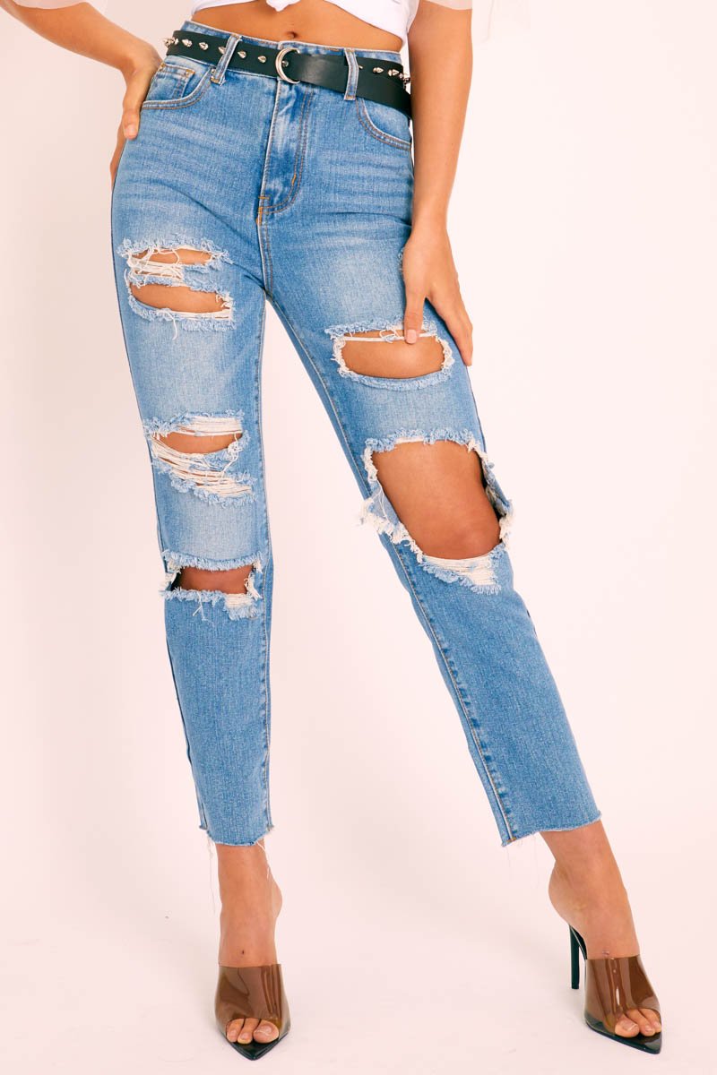 Blue Denim Extreme Distressed Mom Jeans - Jacia-Jeans