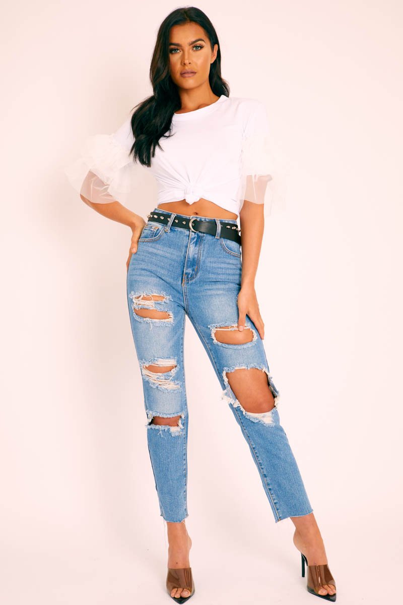 Blue Denim Extreme Distressed Mom Jeans - Jacia-Jeans