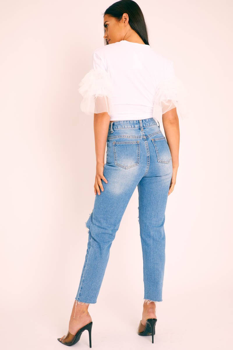 Blue Denim Extreme Distressed Mom Jeans - Jacia-Jeans