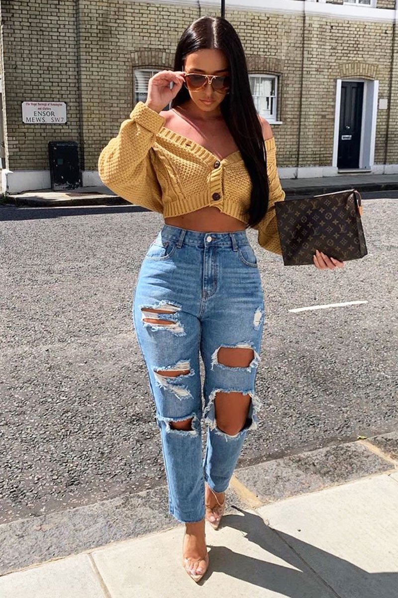 Blue Denim Extreme Distressed Mom Jeans - Jacia-Jeans