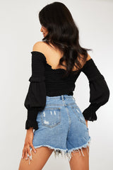 Blue Denim Extreme Rip Front Shorts - Aarya-Shorts