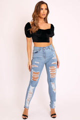 Blue Denim Frayed Hem Distressed Skinny Jeans - Tristen-Jeans