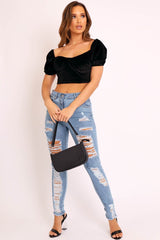 Blue Denim Frayed Hem Distressed Skinny Jeans - Tristen-Jeans