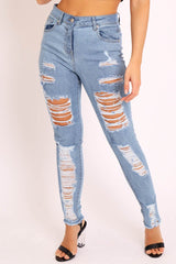 Blue Denim Frayed Hem Distressed Skinny Jeans - Tristen-Jeans
