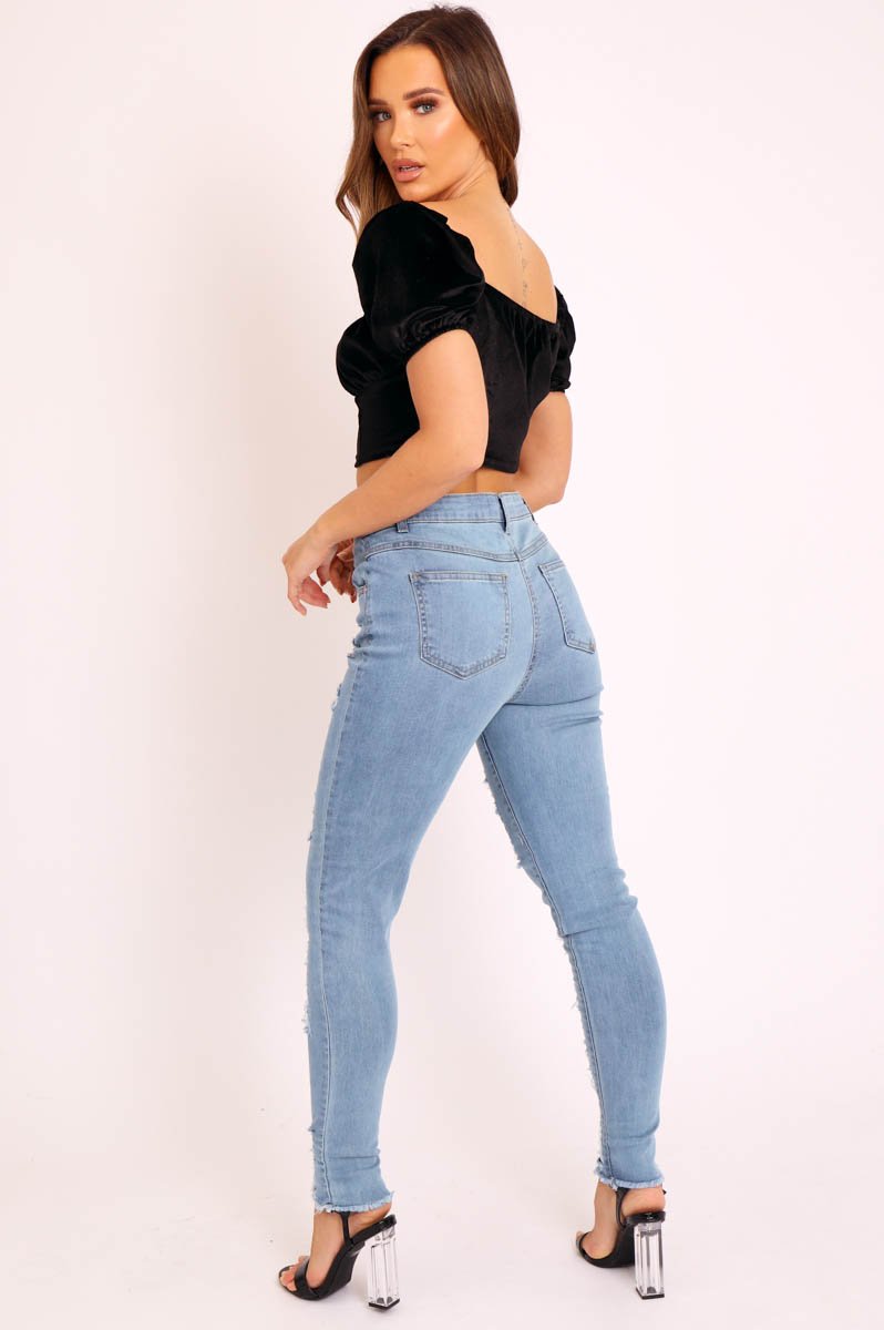 Blue Denim Frayed Hem Distressed Skinny Jeans - Tristen-Jeans