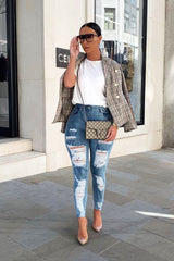 Blue Denim Frayed Hem Distressed Skinny Jeans - Tristen-Jeans