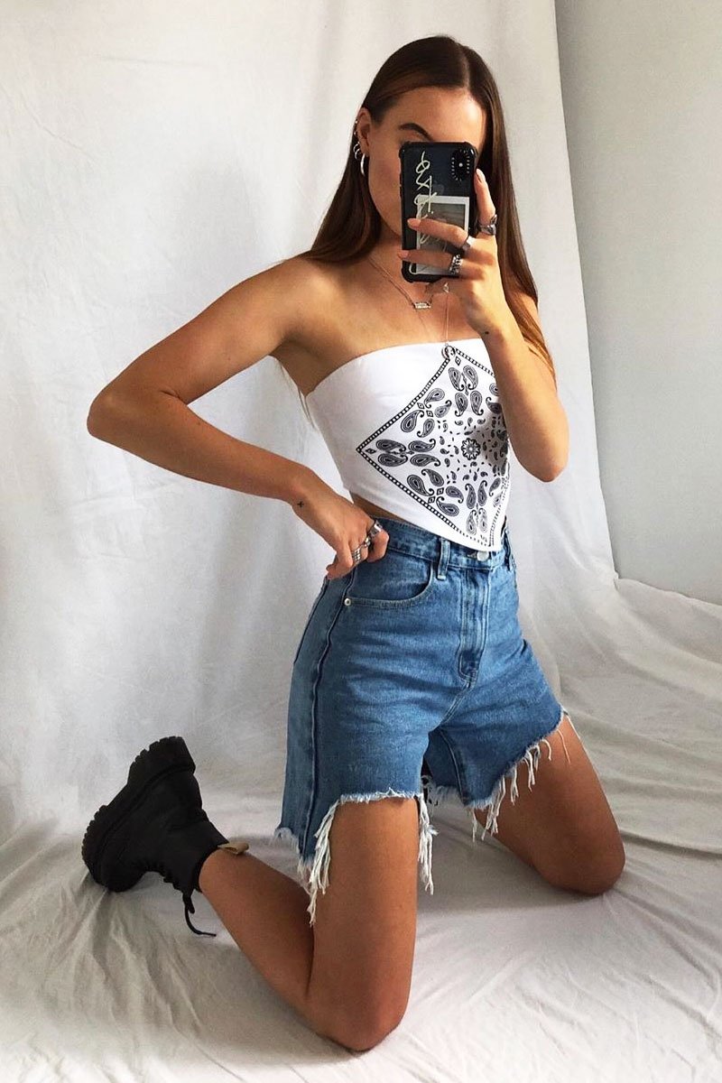 Blue Denim Frayed Longline Shorts - Fiorela-Shorts