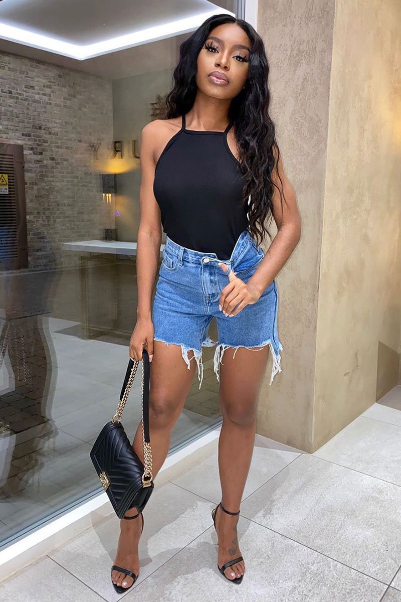 Blue Denim Frayed Longline Shorts - Fiorela-Shorts