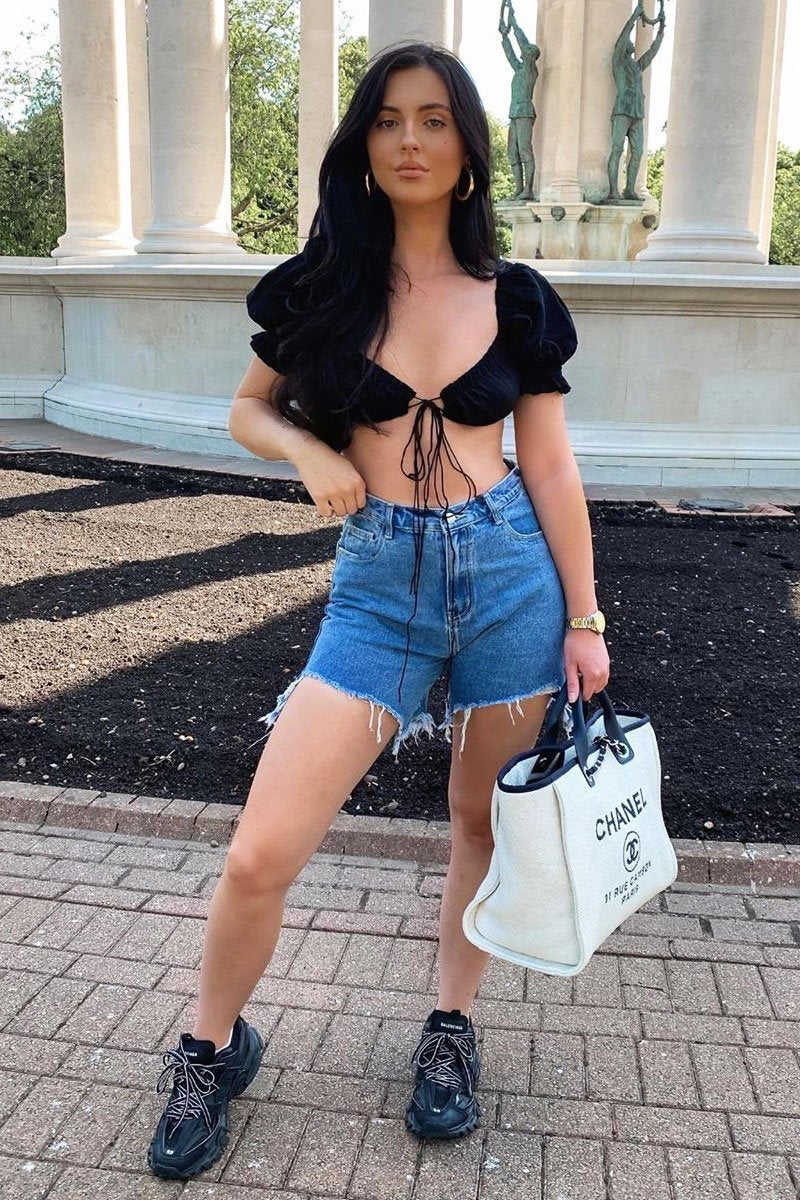 Blue Denim Frayed Longline Shorts - Fiorela-Shorts