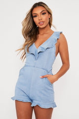 Blue Denim Frill V Neck Backless Playsuit - Ginna-Playsuits