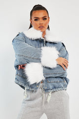Blue Denim Fur Trim Coat - Khaira-Coats