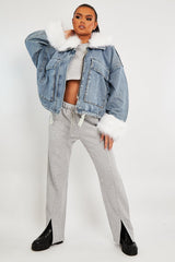 Blue Denim Fur Trim Coat - Khaira-Coats