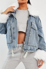 Blue Denim Fur Trim Coat - Khaira-Coats