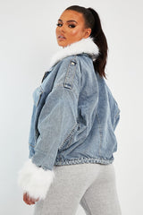 Blue Denim Fur Trim Coat - Khaira-Coats