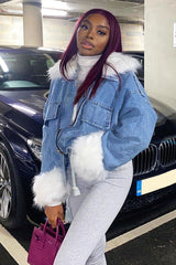 Blue Denim Fur Trim Coat - Khaira-Coats