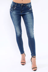 Blue Denim Jewelled Skinny Jeans - Jezzy-Jeans