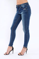 Blue Denim Jewelled Skinny Jeans - Jezzy-Jeans