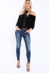 Blue Denim Jewelled Skinny Jeans - Jezzy-Jeans