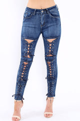 Blue Denim Lace Up High Waist Skinny Jeans - Demelza-Jeans