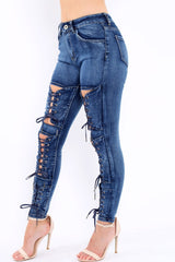 Blue Denim Lace Up High Waist Skinny Jeans - Demelza-Jeans