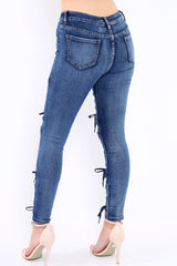 Blue Denim Lace Up High Waist Skinny Jeans - Demelza-Jeans