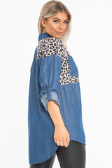 Blue Denim Leopard Print Insert Button Down Shirt - Shelby-Shirts