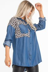 Blue Denim Leopard Print Insert Button Down Shirt - Shelby-Shirts