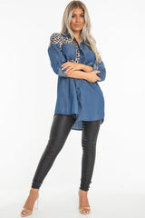 Blue Denim Leopard Print Insert Button Down Shirt - Shelby-Shirts