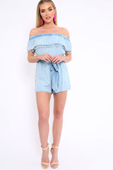 Blue Denim Look Bardot Pom Pom Trim Playsuit - Aalani-Playsuits